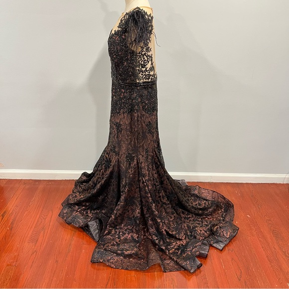 Mac Duggal Black Faux Feather Illusion Neckline & Back Full Length Mermaid Gown - Picture 15 of 17